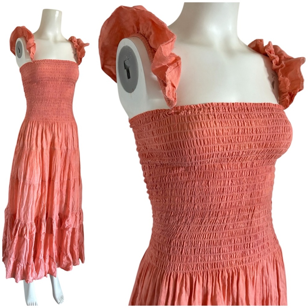 Amanda Bond Coral Pink Ruched Tiered Maxi Peasant Dresss S-M